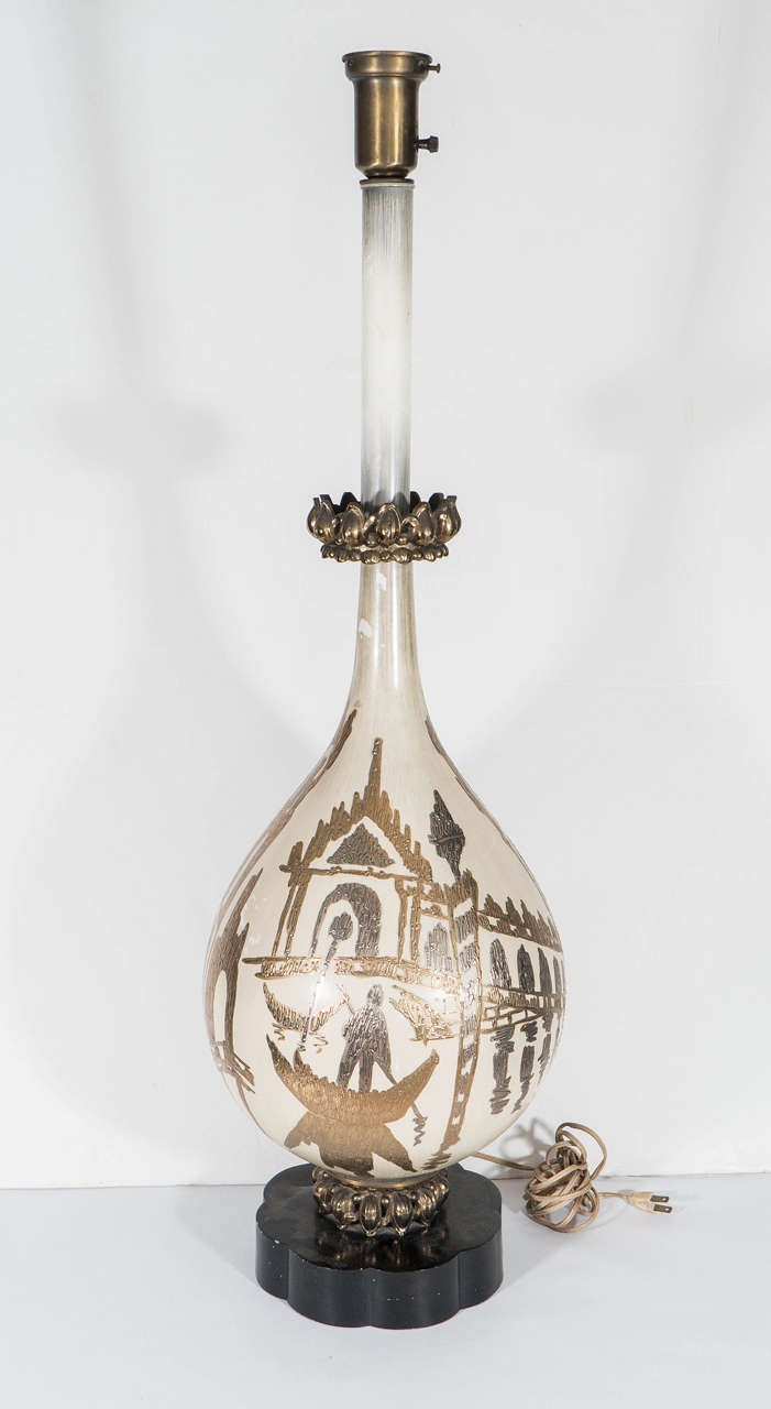 Pair of Enamel Table Lamps with Scenes of Venice in the Manner of Fornasetti