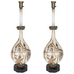 Pair of Enamel Table Lamps with Scenes of Venice in the Manner of Fornasetti