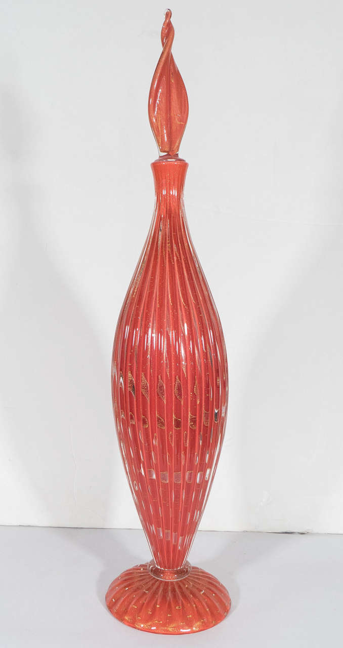Alfredo Barbini Deep Coral Murano Glass Decanter with Twisted Stopper