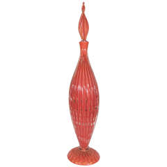 Alfredo Barbini Deep Coral Murano Glass Decanter with Twisted Stopper