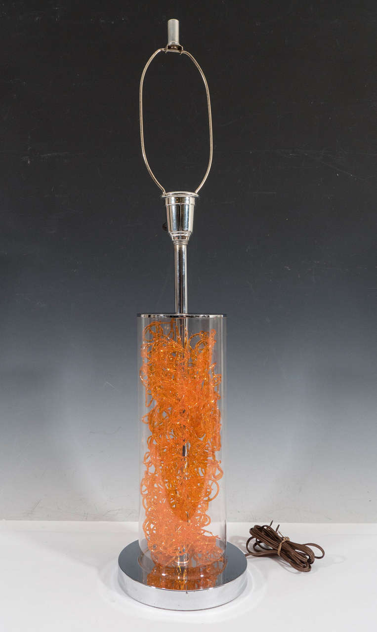 Great Colorful Cylindrical Lucite and Chrome Lamps with Curled Orange Resin