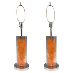 Great Colorful Cylindrical Lucite and Chrome Lamps with Curled Orange Resin