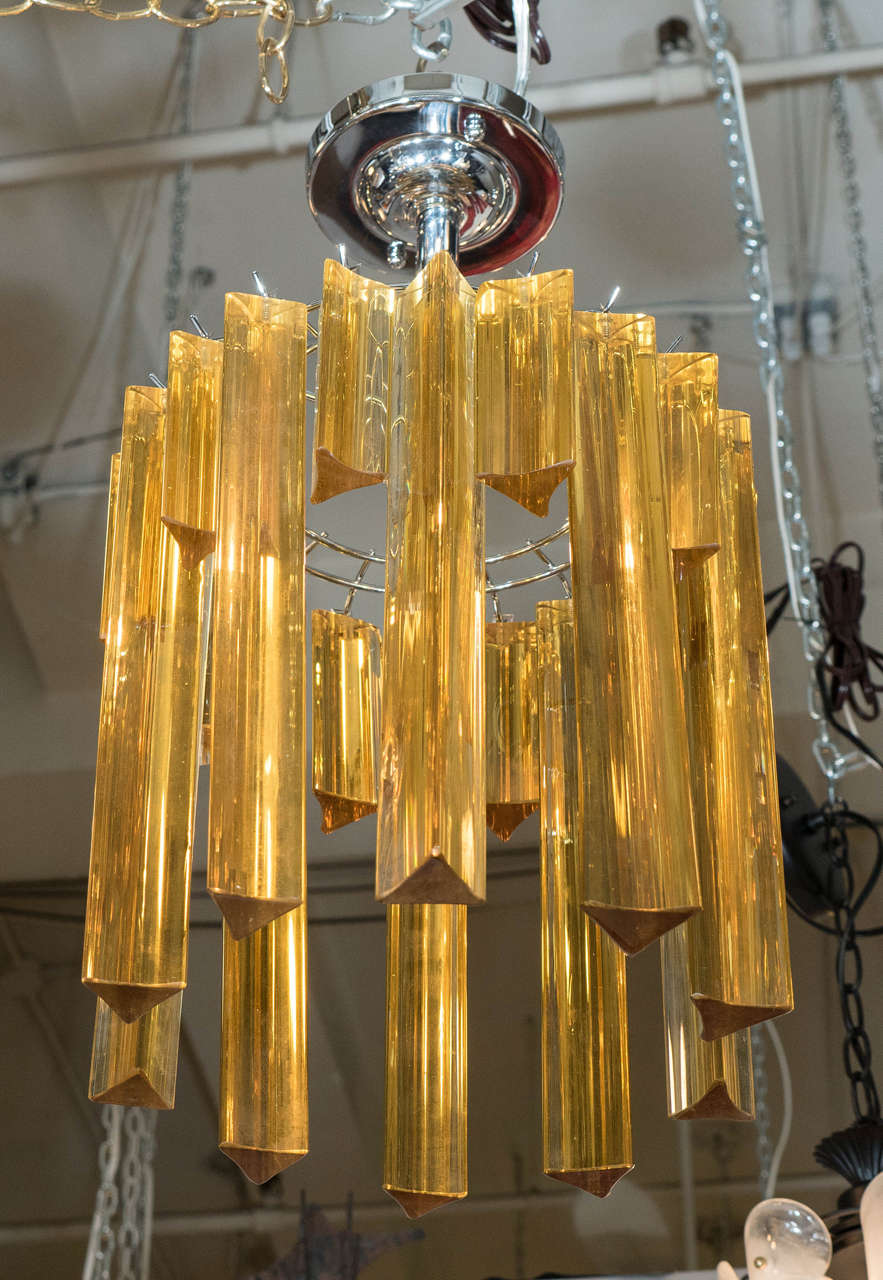 Late 20th Century Midcentury Italian Venini Style Chandelier with Staggered Amber Prisms For Sale