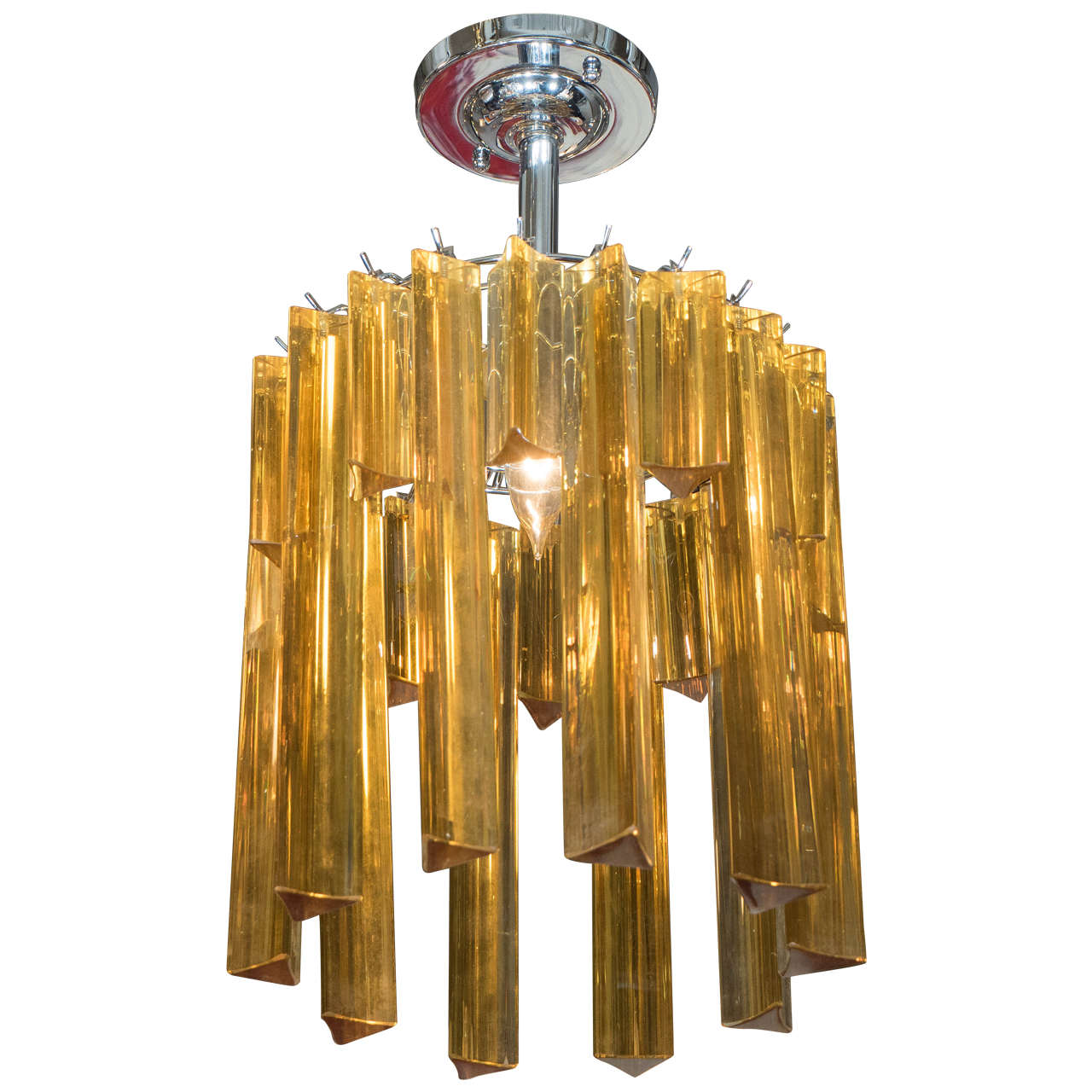 Midcentury Italian Venini Style Chandelier with Staggered Amber Prisms For Sale