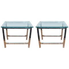 Pair of Chrome and Brass Glass-Top Side Tables in the Style of Milo Baughman