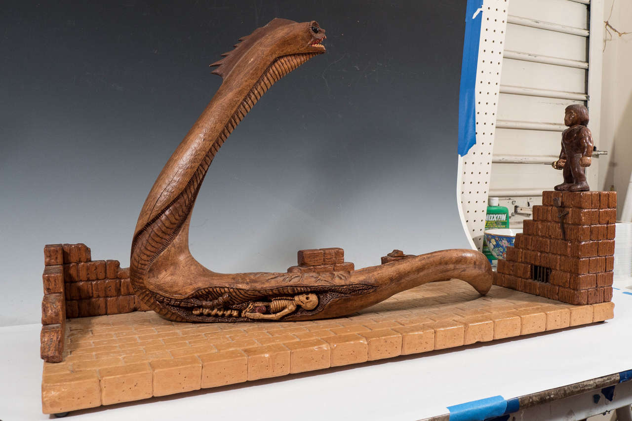 Mid-Century Modern Surrealist Midcentury Wood Diorama of a Knight and Serpent Ready for Battle For Sale