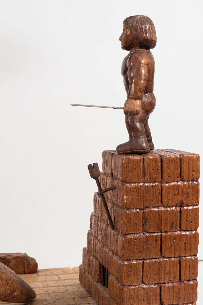 Carved Surrealist Midcentury Wood Diorama of a Knight and Serpent Ready for Battle For Sale