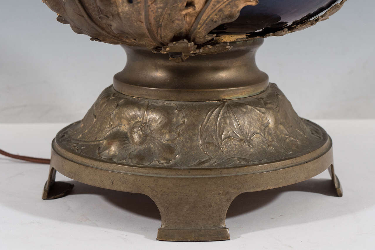 Glass  Amazing Bronze Austrian Art Nouveau Vase Form Lamp with Lily Light Shades For Sale