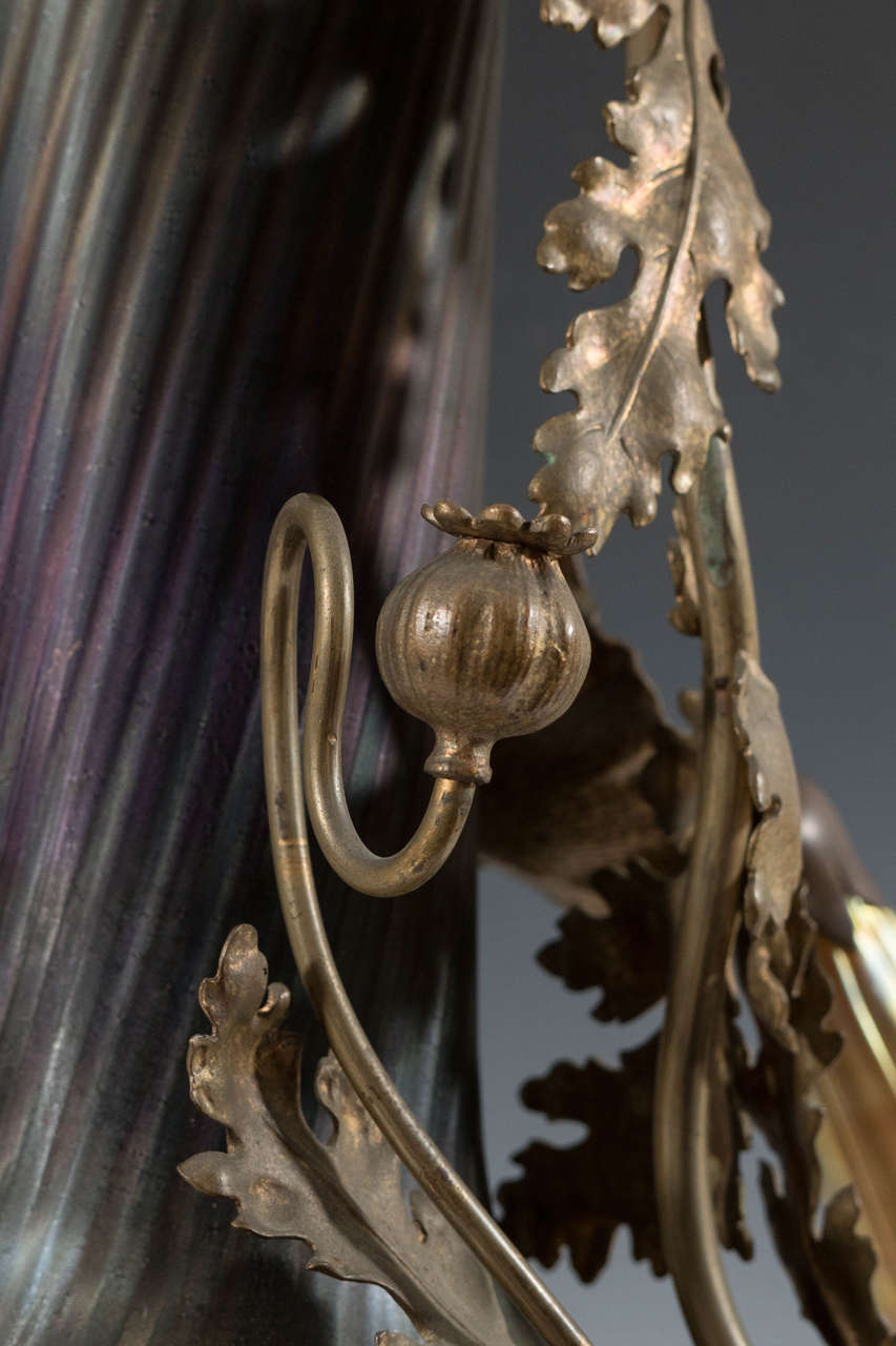  Amazing Bronze Austrian Art Nouveau Vase Form Lamp with Lily Light Shades For Sale 3