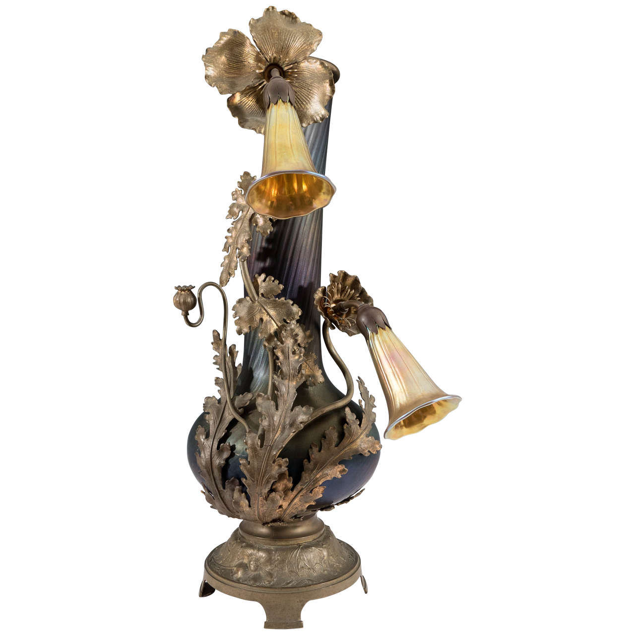  Amazing Bronze Austrian Art Nouveau Vase Form Lamp with Lily Light Shades For Sale
