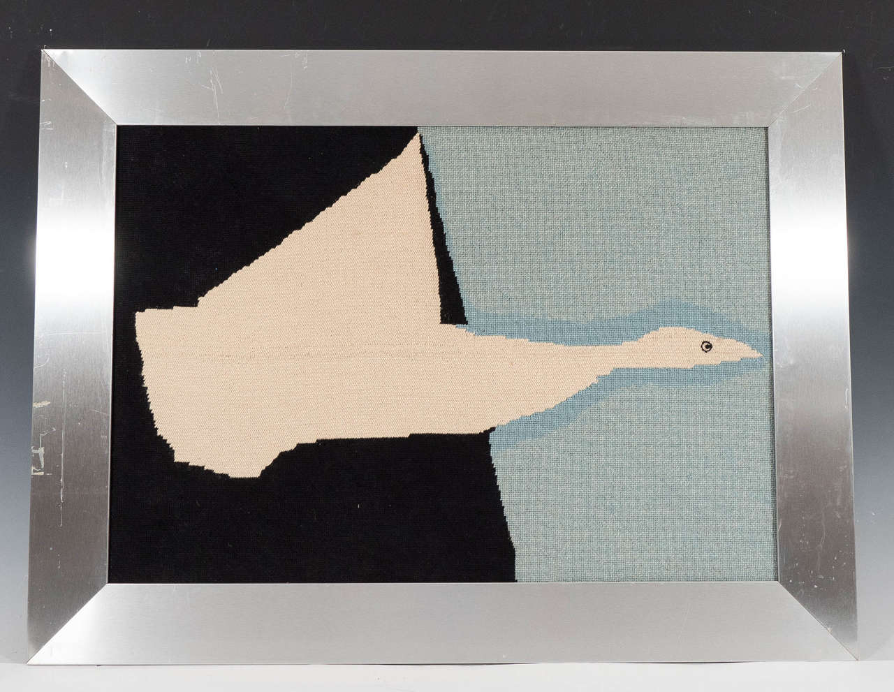 Midcentury Abstract Bird Needlepoint with Aluminum Frame