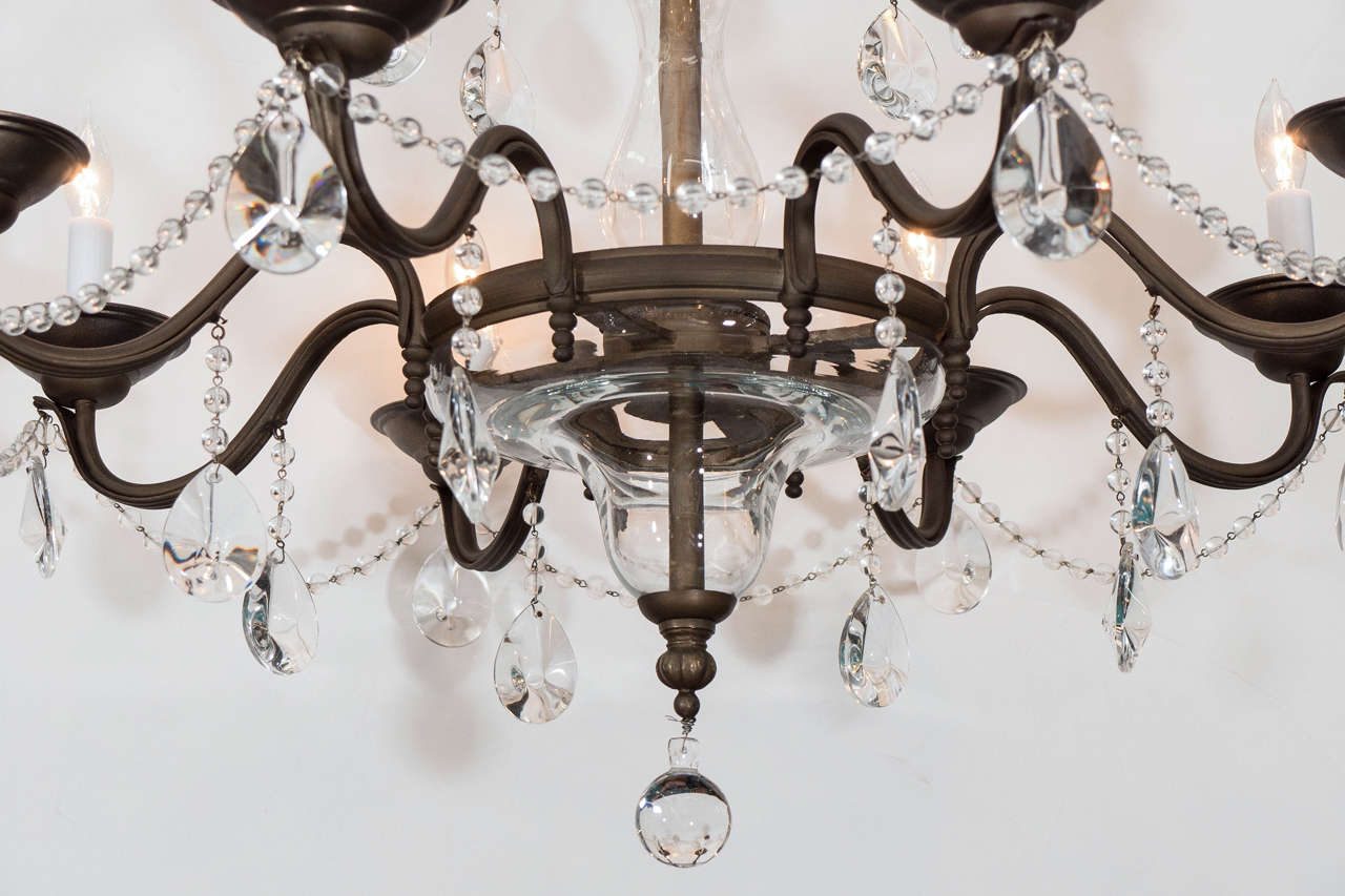 Mid-Century Modern Midcentury Eight-Arm Iron Chandelier with Sciolari Crystal Drops and Beading