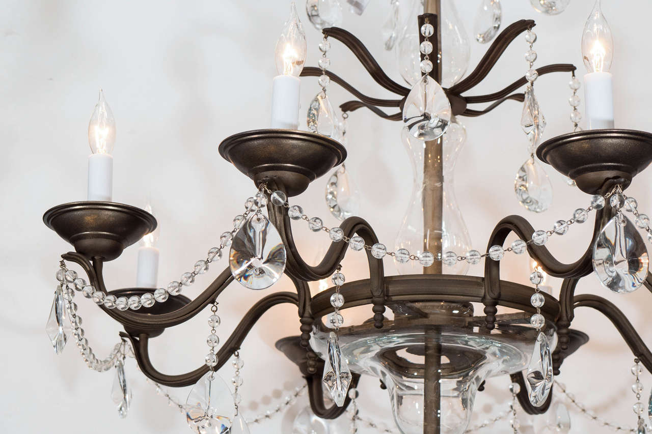 Midcentury Eight-Arm Iron Chandelier with Sciolari Crystal Drops and Beading In Good Condition In New York, NY