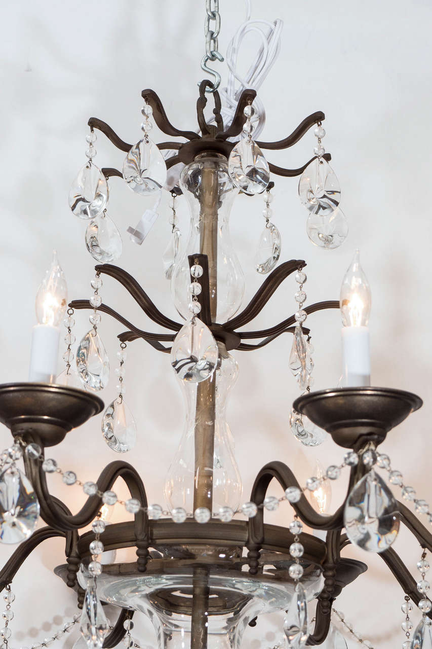 20th Century Midcentury Eight-Arm Iron Chandelier with Sciolari Crystal Drops and Beading