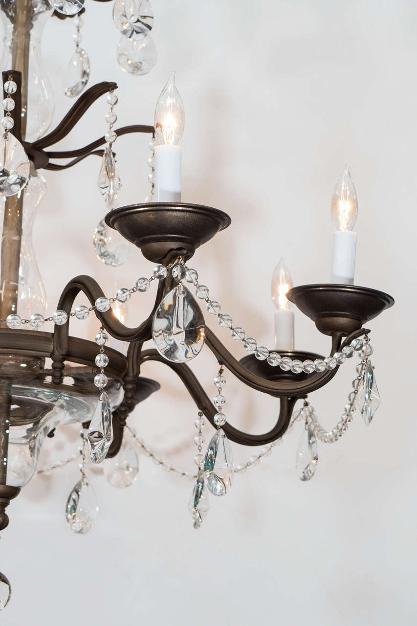 Glass Midcentury Eight-Arm Iron Chandelier with Sciolari Crystal Drops and Beading