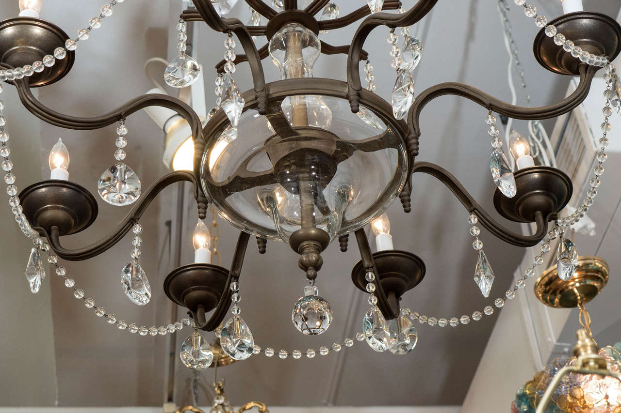 Midcentury Eight-Arm Iron Chandelier with Sciolari Crystal Drops and Beading 1
