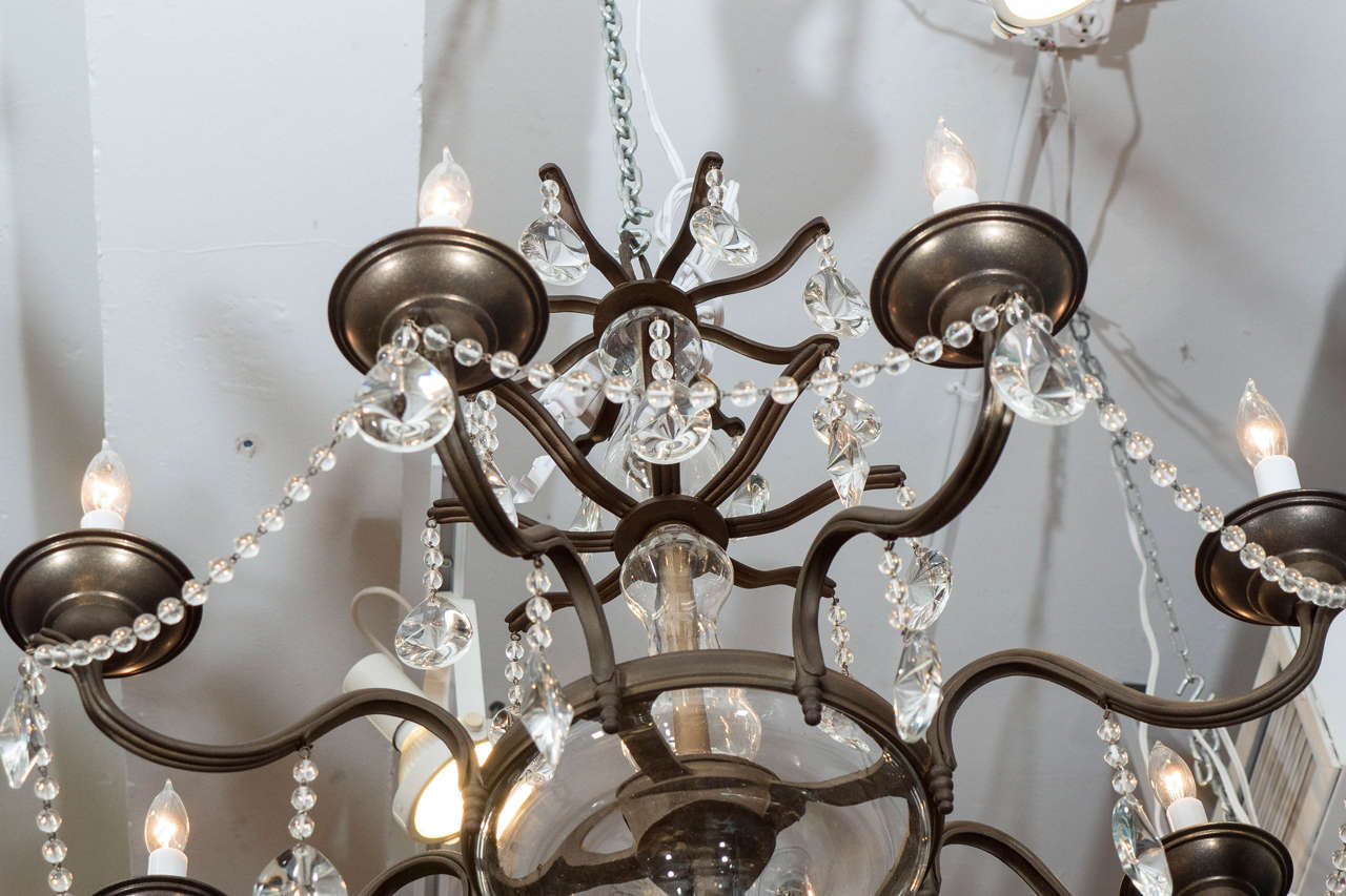 Midcentury Eight-Arm Iron Chandelier with Sciolari Crystal Drops and Beading 2