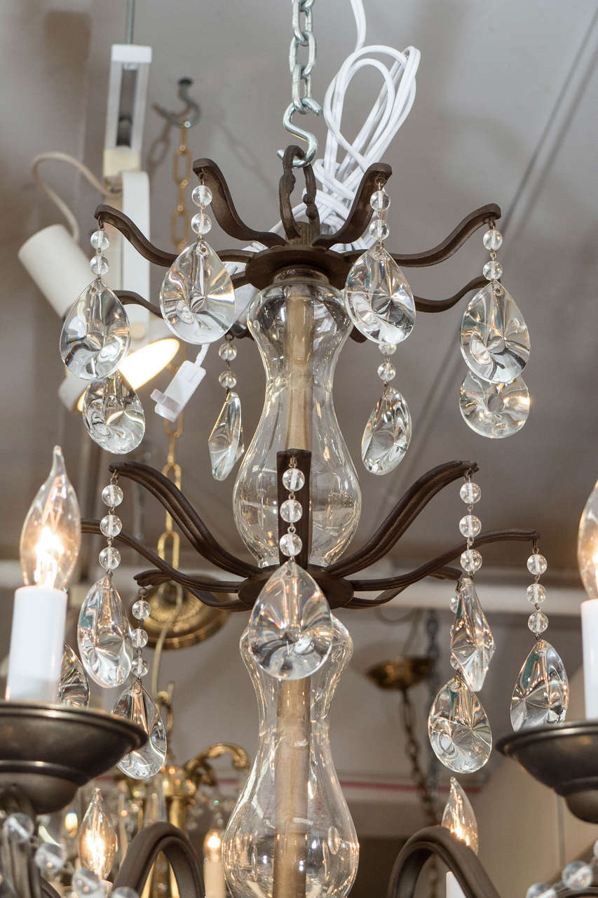 Midcentury Eight-Arm Iron Chandelier with Sciolari Crystal Drops and Beading 3