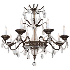 Midcentury Eight-Arm Iron Chandelier with Sciolari Crystal Drops and Beading