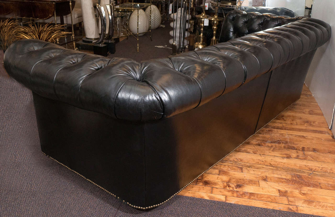 Brass Midcentury Chesterfield Sofa in Tufted Black Leather