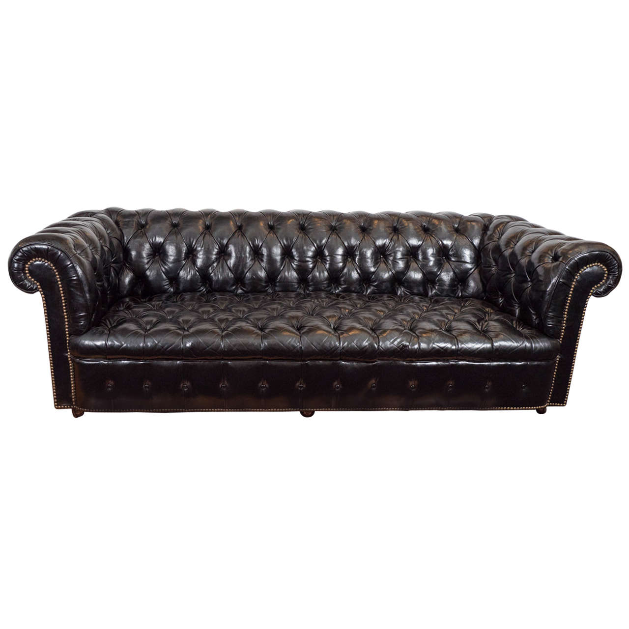 Midcentury Chesterfield Sofa in Tufted Black Leather