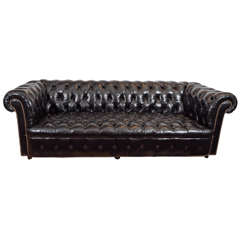 Midcentury Chesterfield Sofa in Tufted Black Leather