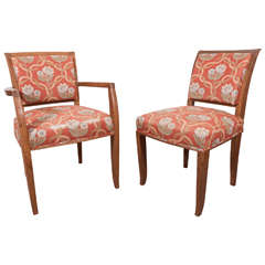 Vintage Pair of Art Deco Arm and Side Chairs in Cushioned Solid Wood