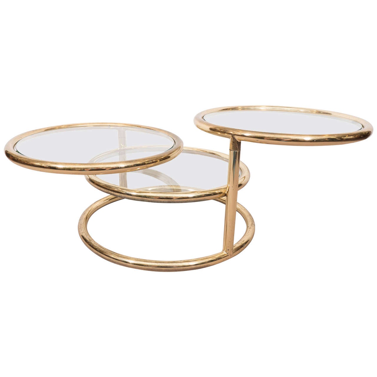 Milo Baughman Style Circular Three-Tier Swivel Coffee Table in Polished Brass