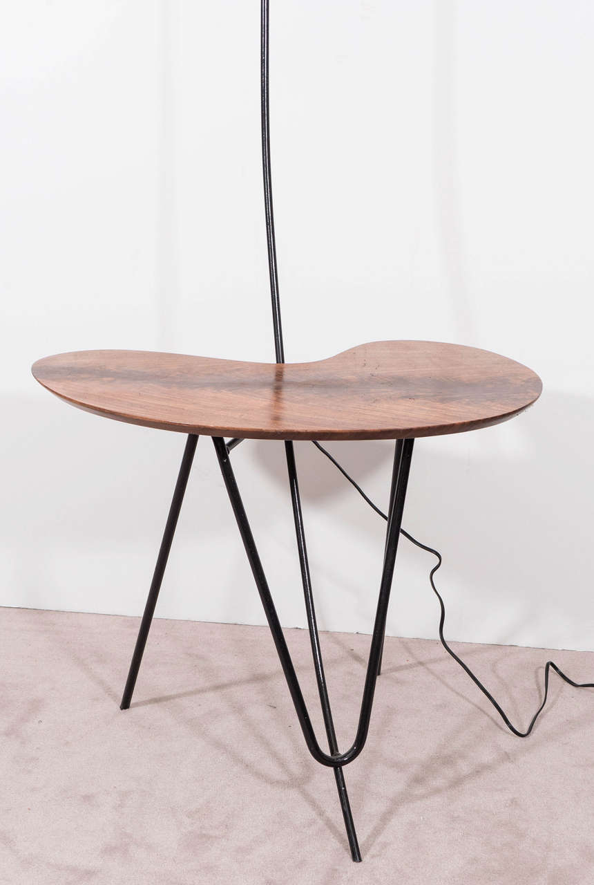 Enameled Midcentury Floor Lamp with Wooden Table in the Style of Greta Grossman For Sale