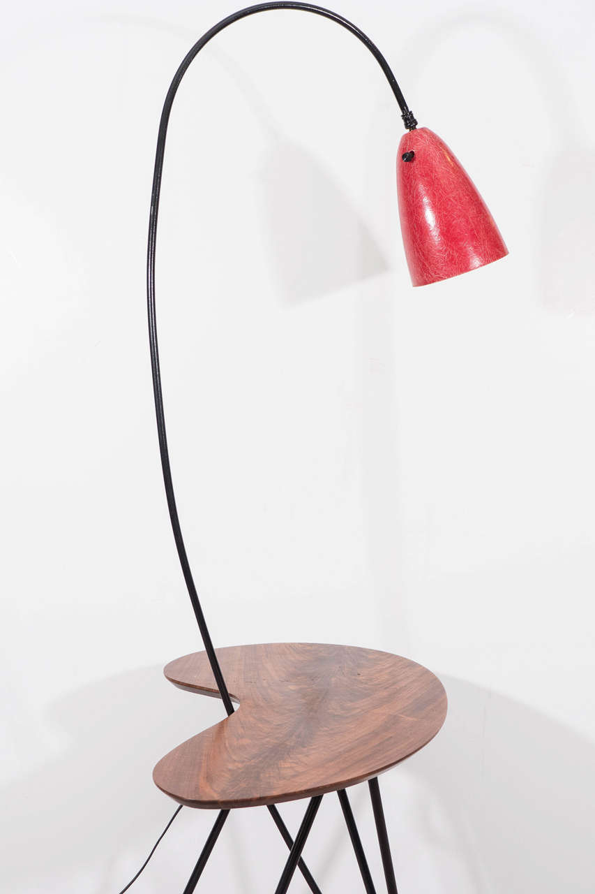 Fiberglass Midcentury Floor Lamp with Wooden Table in the Style of Greta Grossman For Sale