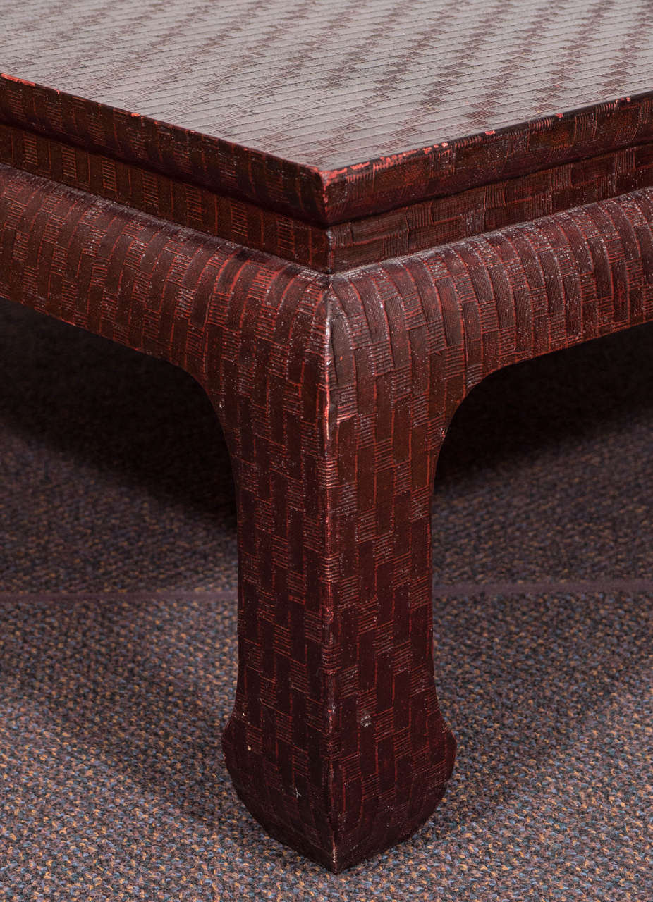 Karl Springer Style Burgundy Grasscloth Coffee Table by Baker In Good Condition In New York, NY
