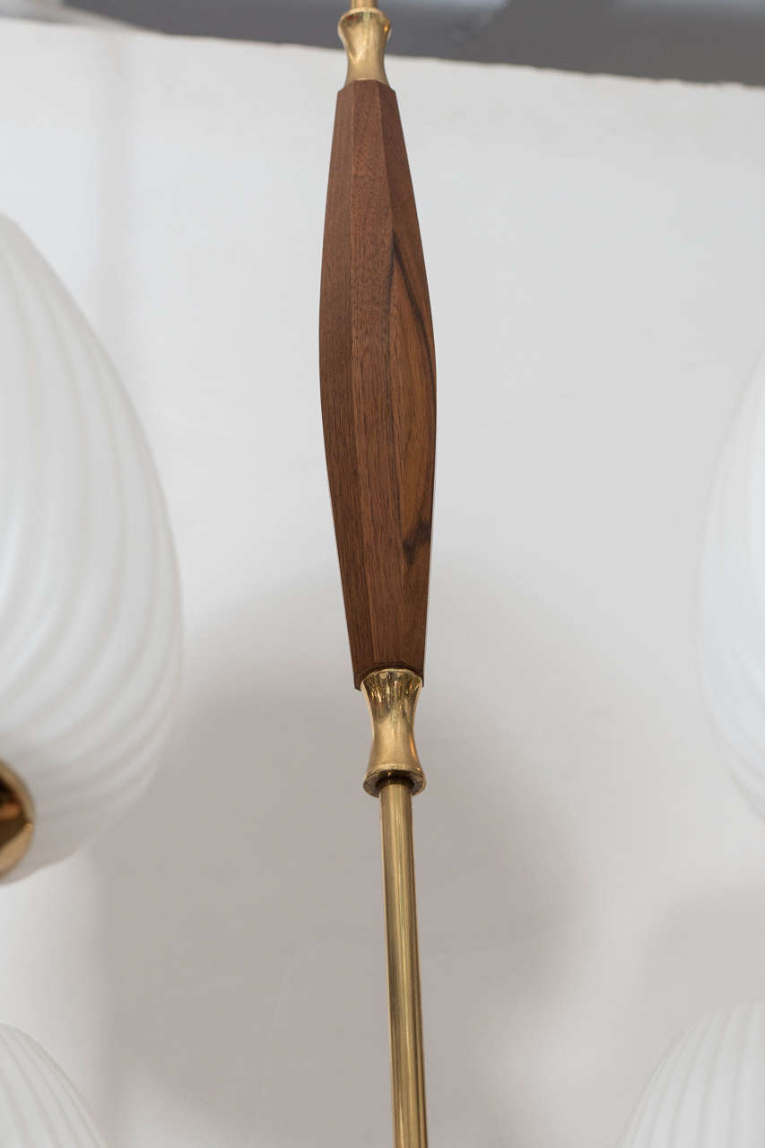 Polished Scandinavian Teak Wood Chandelier with Tulip Milk Glass Globes