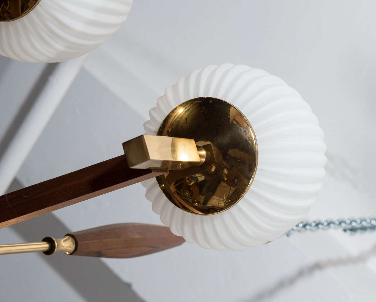 20th Century Scandinavian Teak Wood Chandelier with Tulip Milk Glass Globes