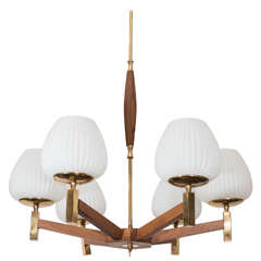 Scandinavian Teak Wood Chandelier with Tulip Milk Glass Globes