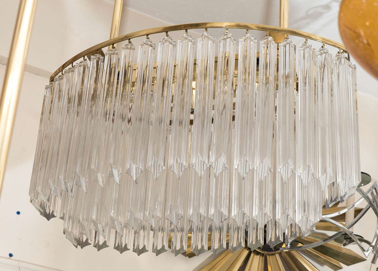 Italian An Oval Chandelier in Brass and Glass Prisms by Venini