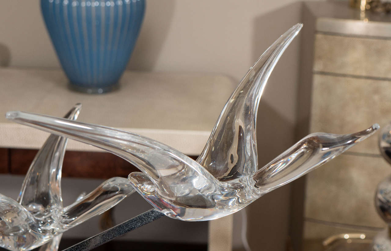 French Daum Sculpture of Glass Geese in Flight