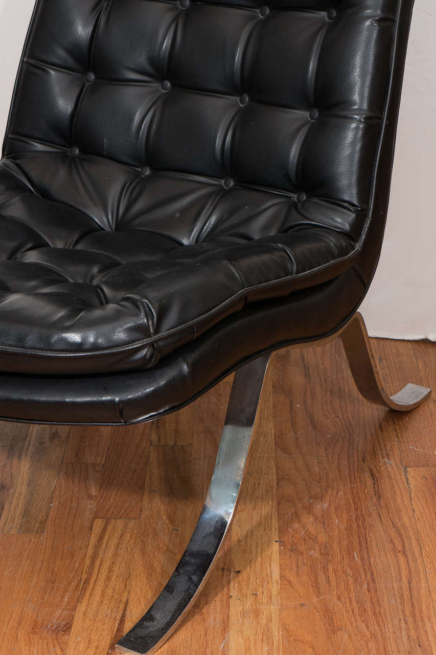 Scandinavian Modern Arne Norell Style Lounge Chair in Tufted Black Vinyl on Chrome Legs