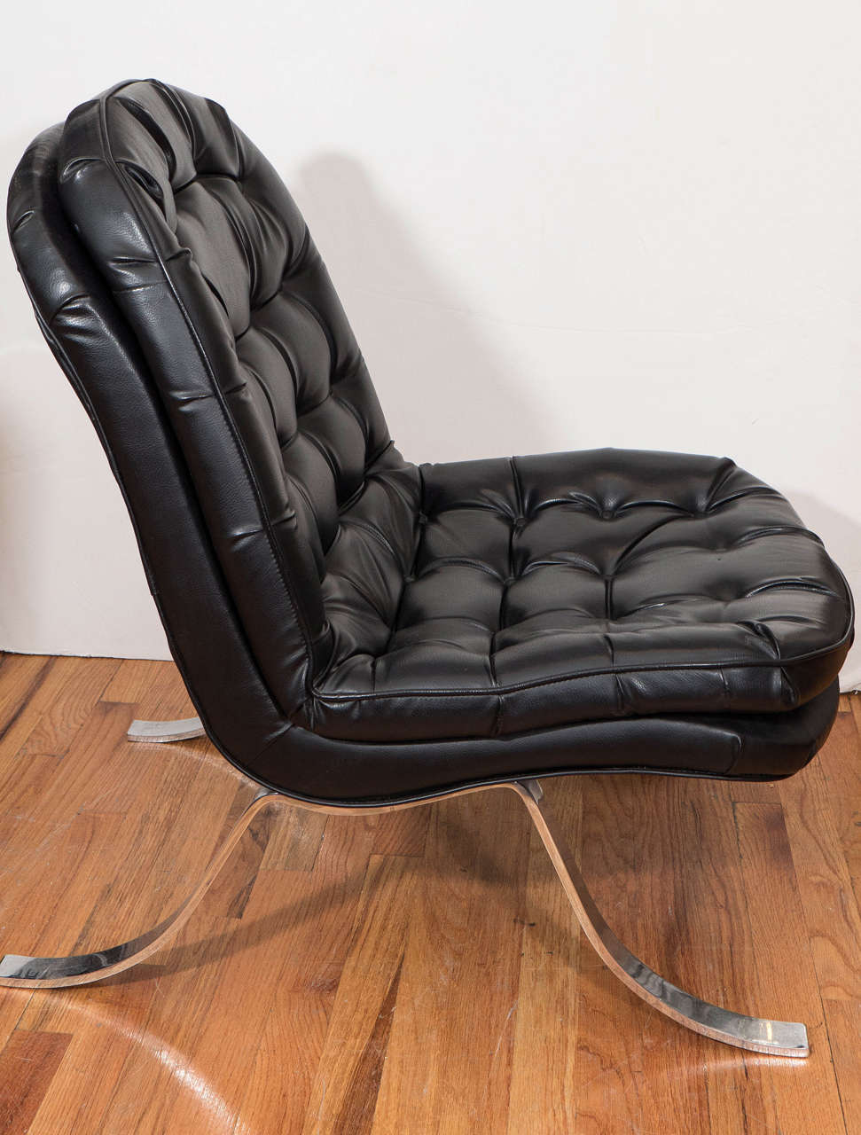 20th Century Arne Norell Style Lounge Chair in Tufted Black Vinyl on Chrome Legs