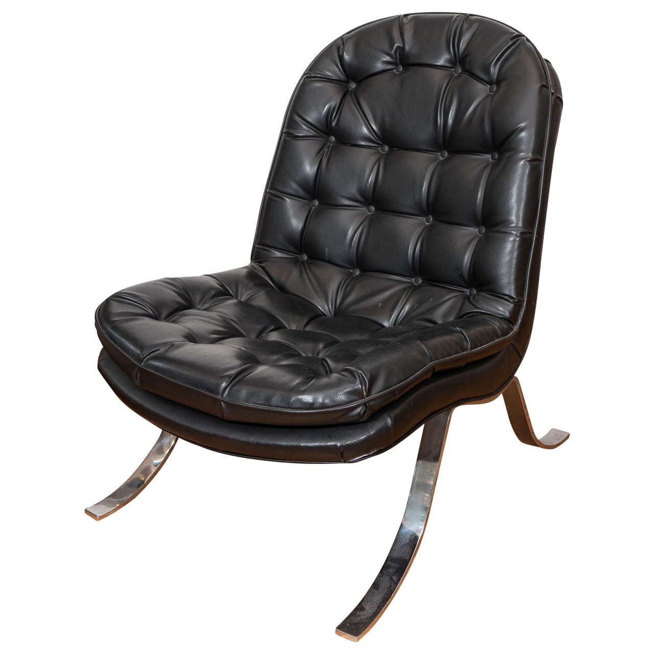 Arne Norell Style Lounge Chair in Tufted Black Vinyl on Chrome Legs