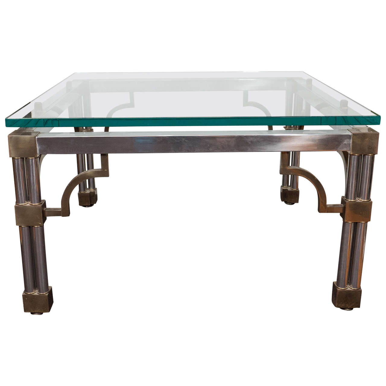Asian Inspired Glass Top Chrome Coffee Table with Brass Detail