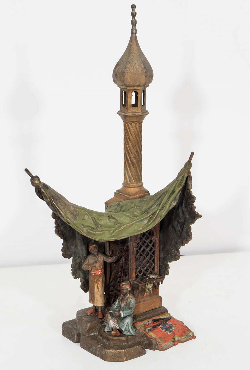 An antique sculptural table lamp, produced circa 1890 by the famous Bergmann Foundry of Vienna, Austria, headed at this time by Franz Xaver Bergmann (1861-1936), the manufacturer best known for the production of Orientalist style, cold-painted