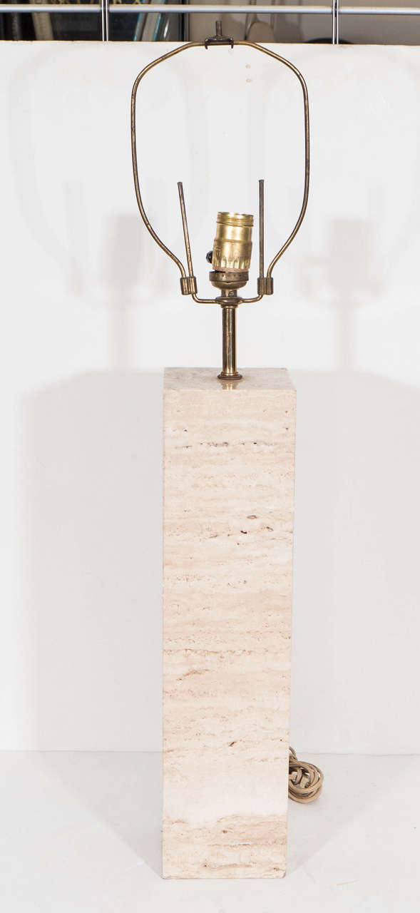 A midcentury table lamp, produced by George Kovacs, with rectangular white marble stem and brass hardware. Wiring and socket to US standard, requires one Edison base bulb. Good vintage condition with original wiring, including some age appropriate