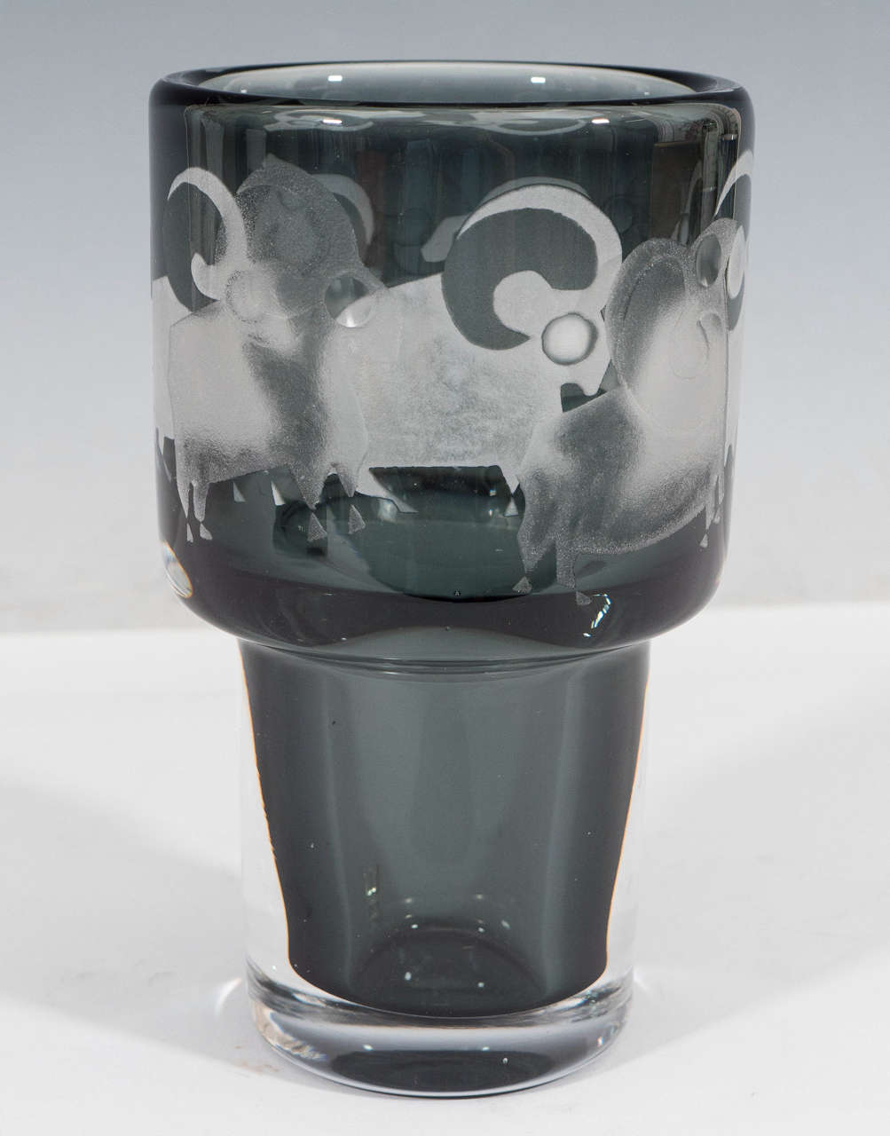 Swedish Blown Glass Gray Vase with Ram Detail by O. Sandberg for Kosta ...