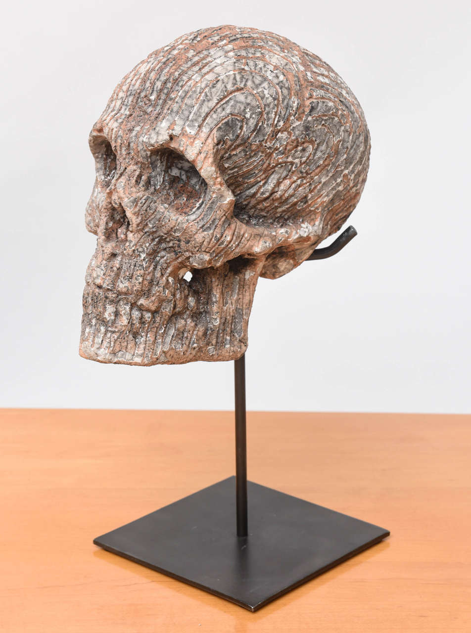 Raku skull by Carlo Previtali (1947 - ). Includes black metal stand and 2008 monograph. Measurements below are for skull only.