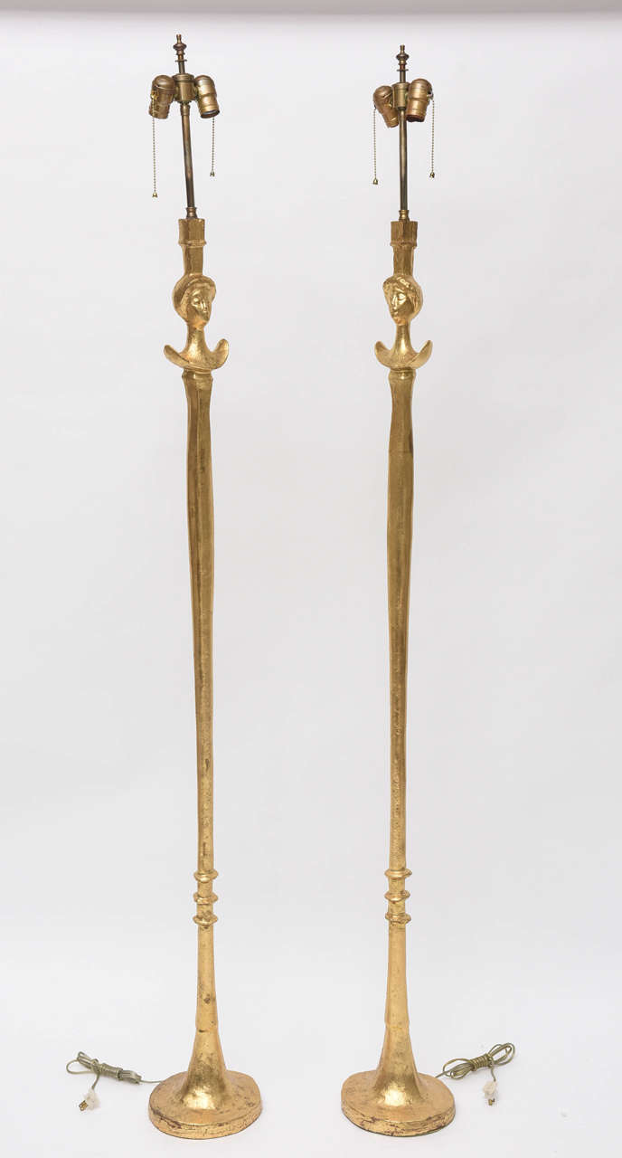 Pair of Gold Leaf Tete De Femme Floor Lamps in the Style of Diego Giacometti In Excellent Condition In North Miami, FL