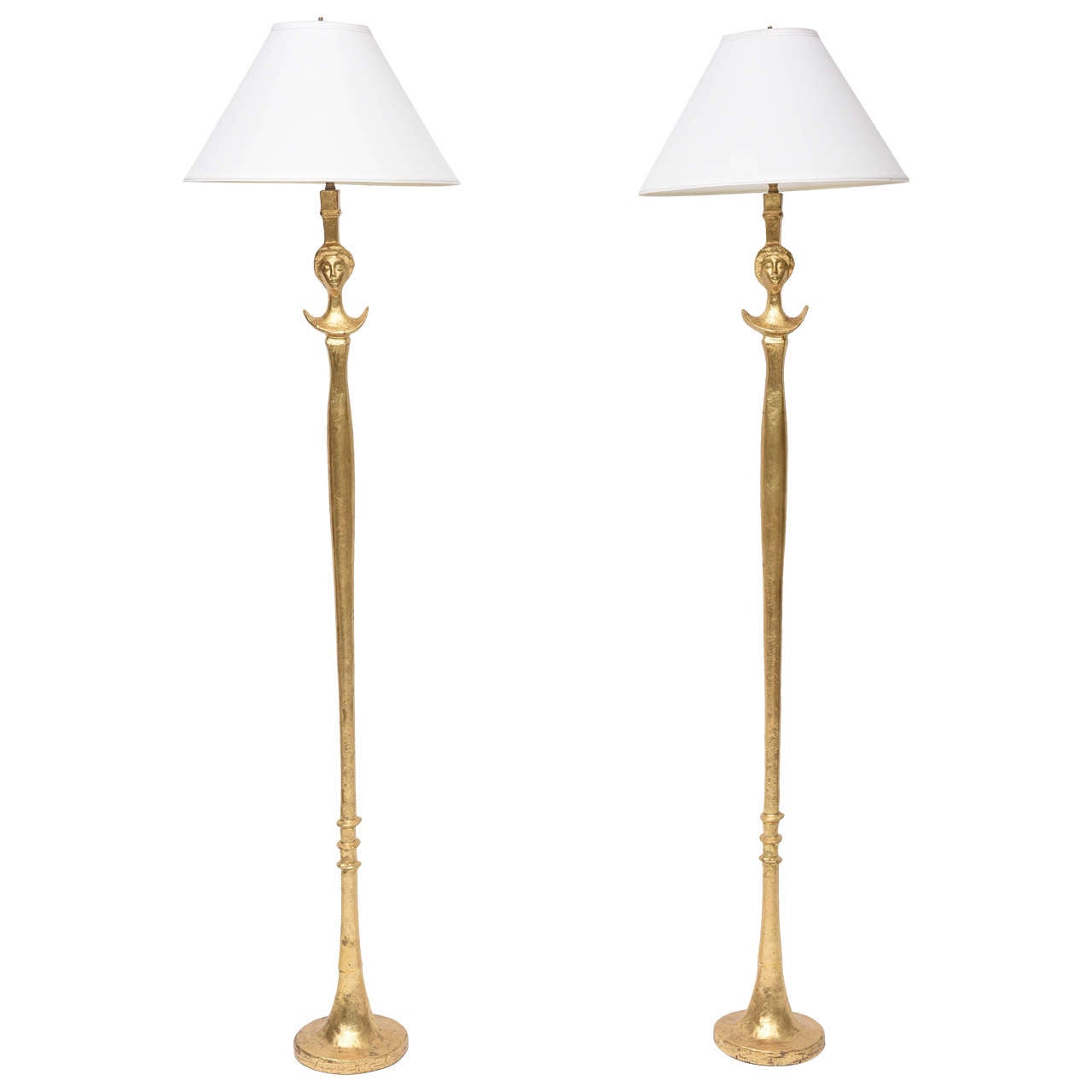 Pair of Gold Leaf Tete De Femme Floor Lamps in the Style of Diego Giacometti