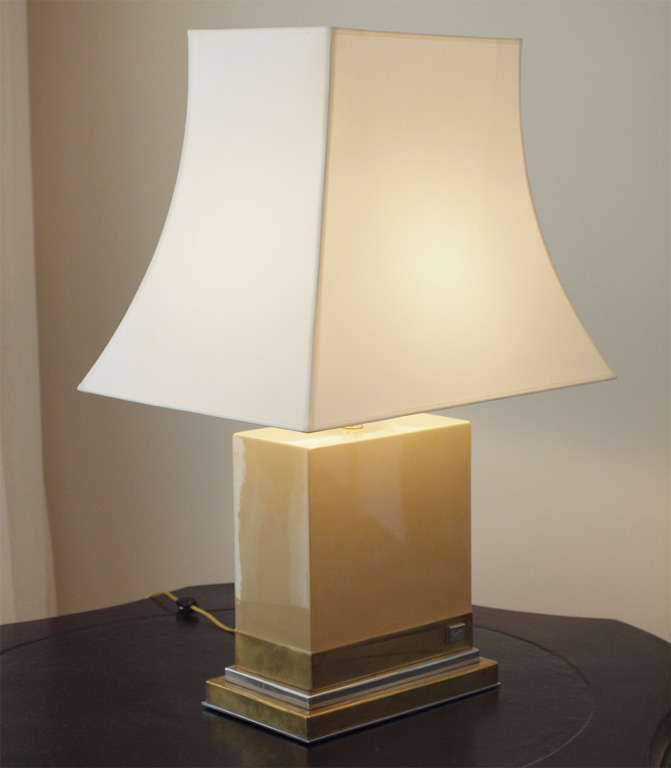 Brass Ivory Lacquer Table Lamp by Jean Claude Mahey For Sale