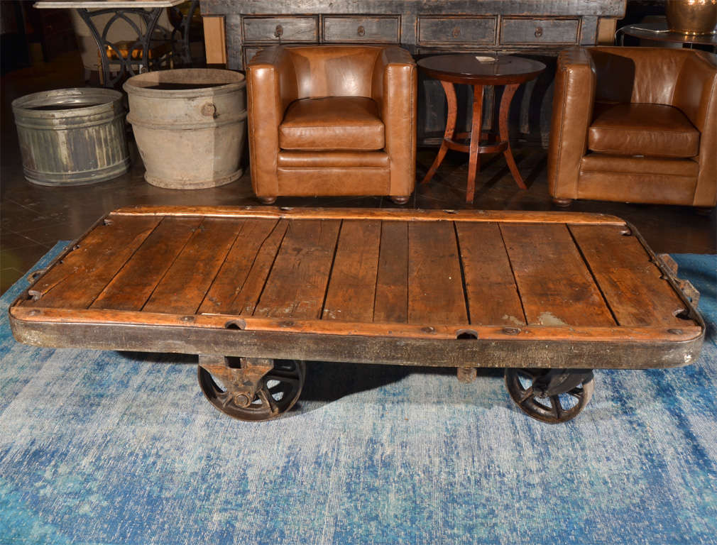 Antique Wood and Iron Industrial Cart as Coffee Table