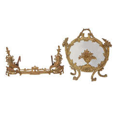 Antique French Bronze Fireplace Screen and Andirons