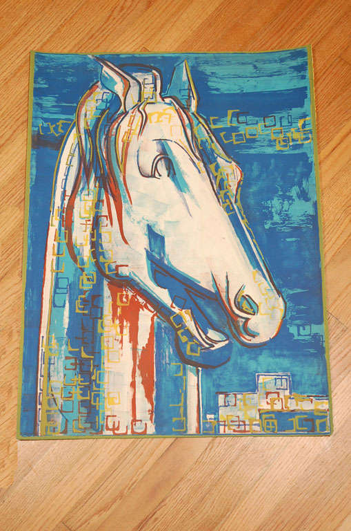 Original lithograph, in turquoise, brick red, royal blue and saffron.  Signed by the artist in pencil within the image in the lower right corner. Numbered 20/100 in pencil in the bottom left corner.